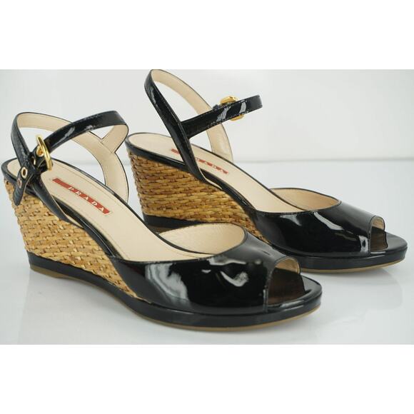 Prada Sport Black Patent Ankle Strap Woven Raffia Wedge Heel Sandals - Picture 2 of 12